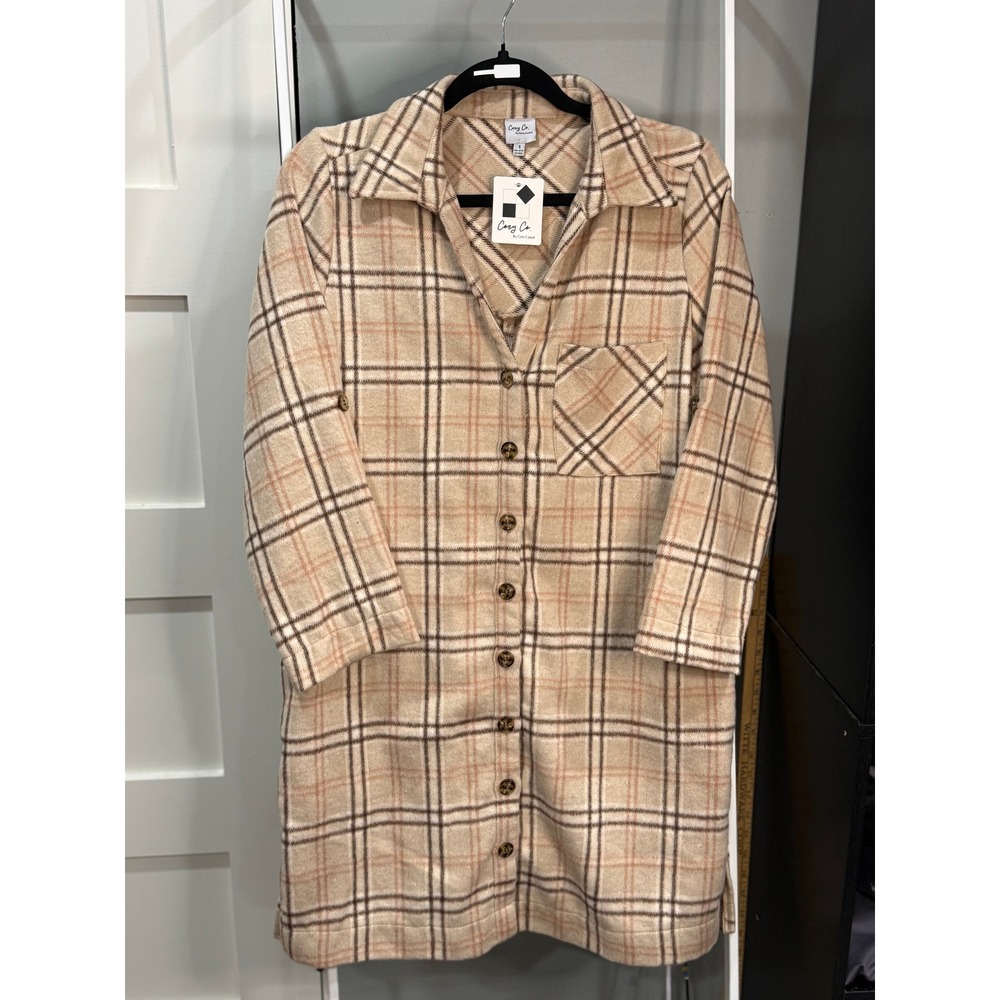 Cozy Co. Women Neutral Plaid Button Down Shacket Tan Brown S NWT Cabincore Fall‎